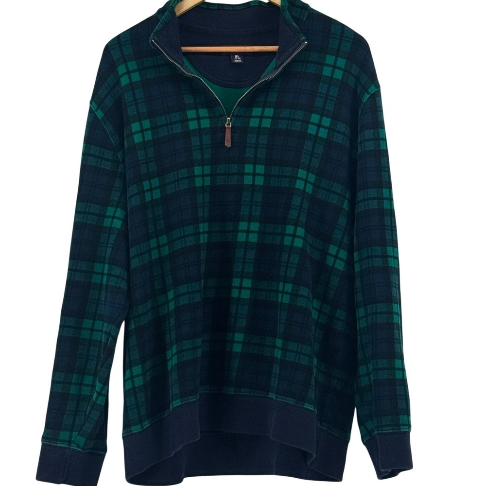 Lands' End Mens XL Quarter Zip Pullover Sweater Green‎ Navy Blue Plaid Tartan